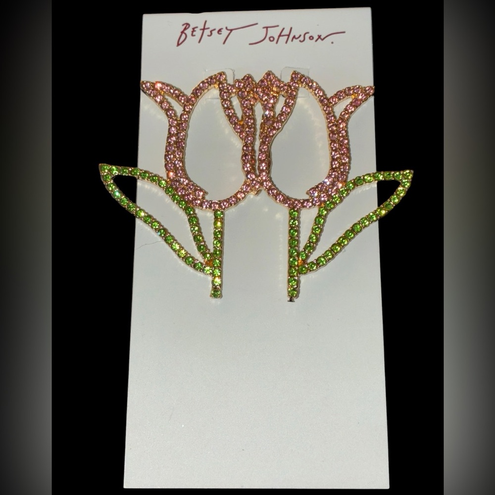 BETSEY JOHNSON Easter Spring Pink & Green Crystal-Studded Tulip Earrings NEW NWT - Picture 3 of 7